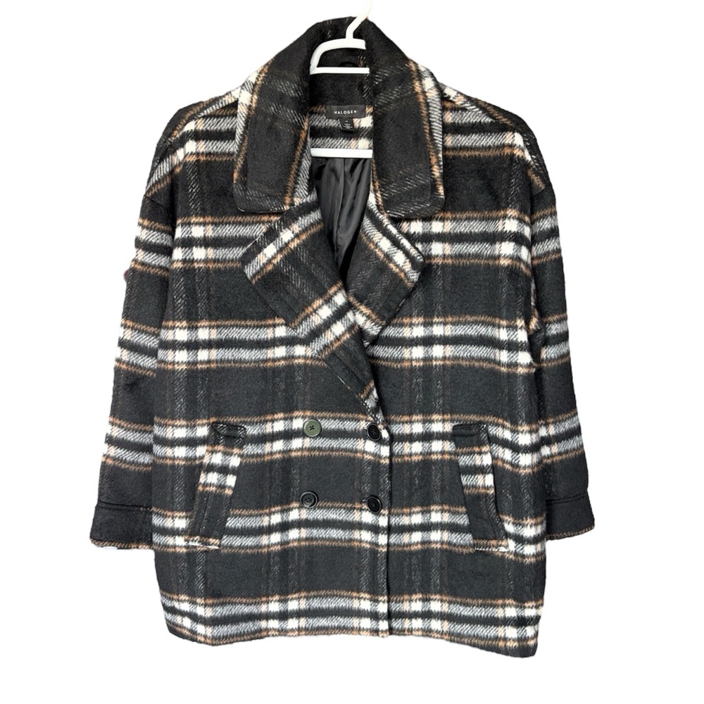 Halogen Checkered Double-Breasted Pea Coat - Black and White